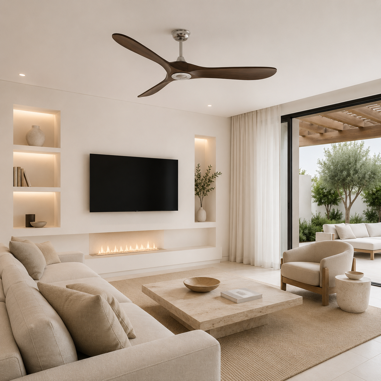 Ventilateur de plafond installé dans un salon lumineux
