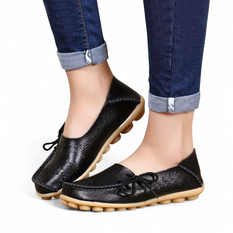 Mocassin Femme Cuir Respirant Motif Noir