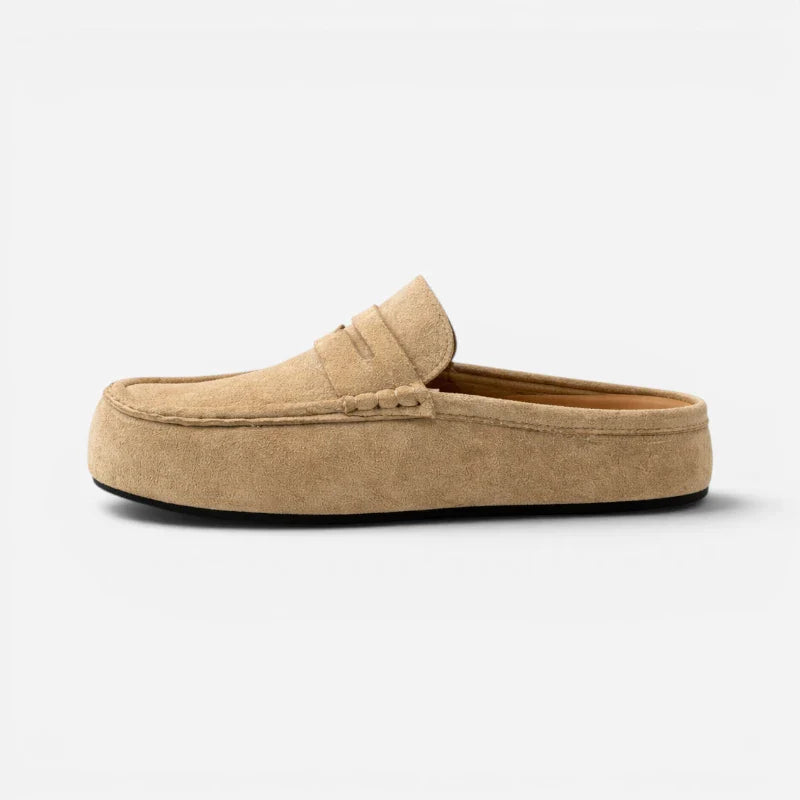 Chausson Mocassin Mule Ouvert En Daim Beige