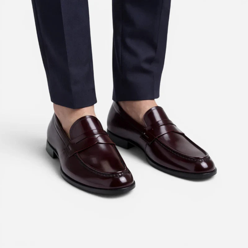 Mocassin En Cuir Vernis Bordeaux Foncé Classe Costume Pour Homme