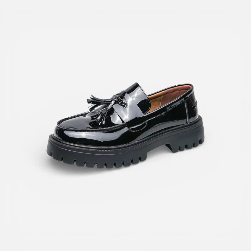 Mocassin Compensé En Cuir Vernis Noir à Gland Pour Homme