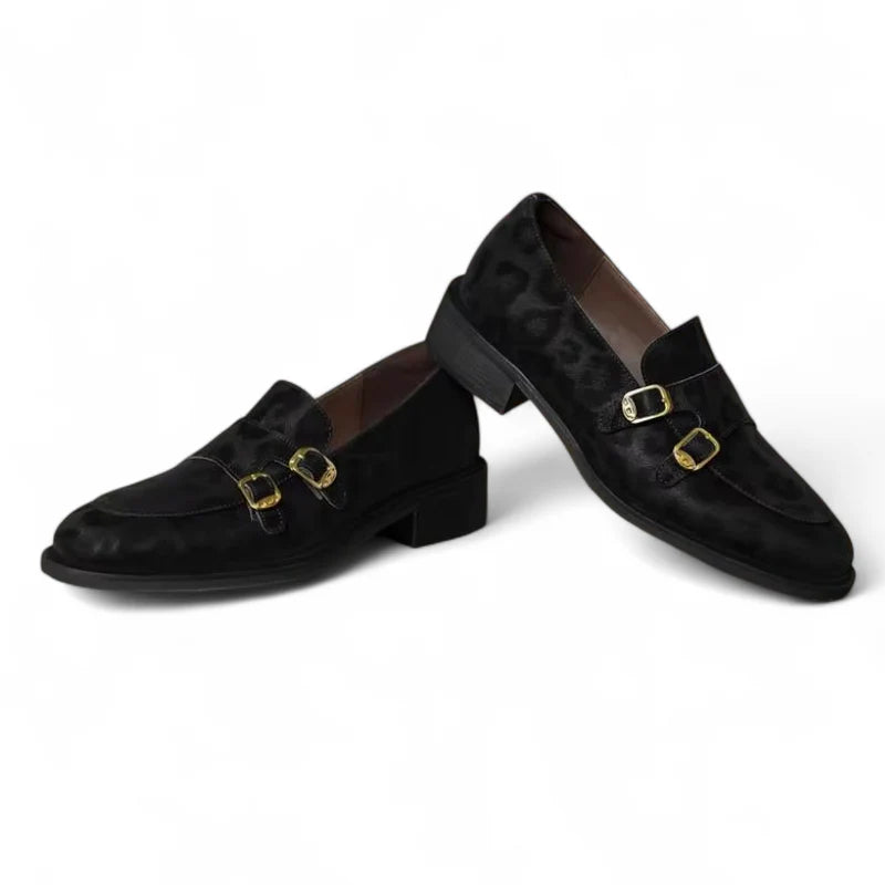 Mocassin En Cuir Noir Design Léopard Femme