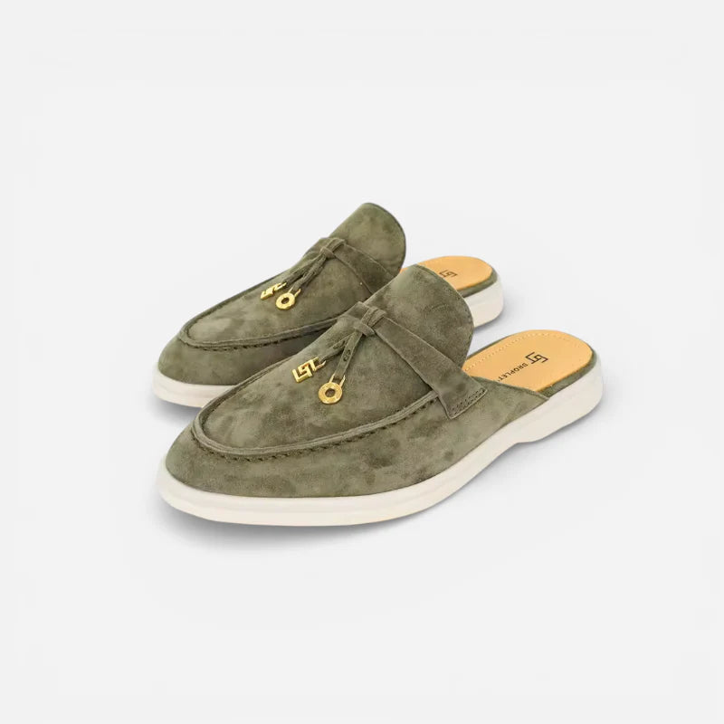 Mocassin Ouvert En Daim Kaki Pour Femme