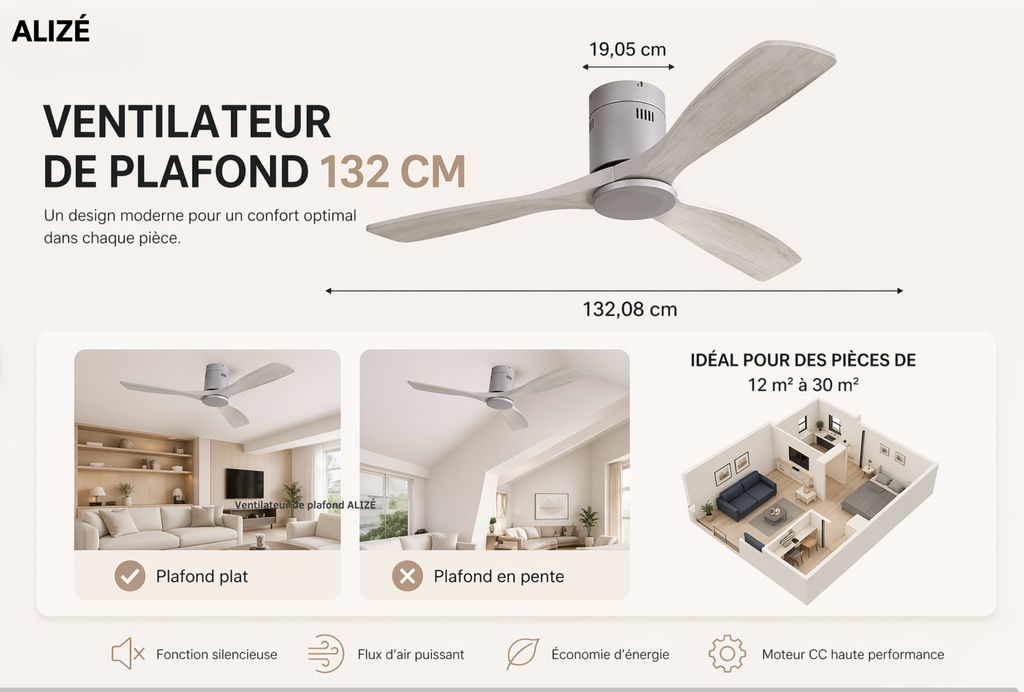 Calanque | Ventilateur design LED télécommande 132 cm