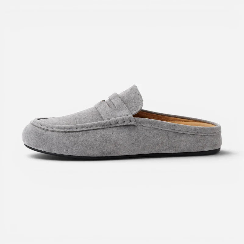 Chausson Mocassin Mule Ouvert En Daim Nubuck Gris