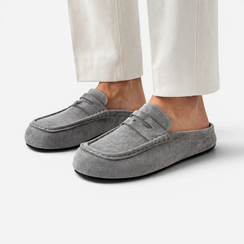 Chausson Mocassin Mule Ouvert En Daim Nubuck Gris
