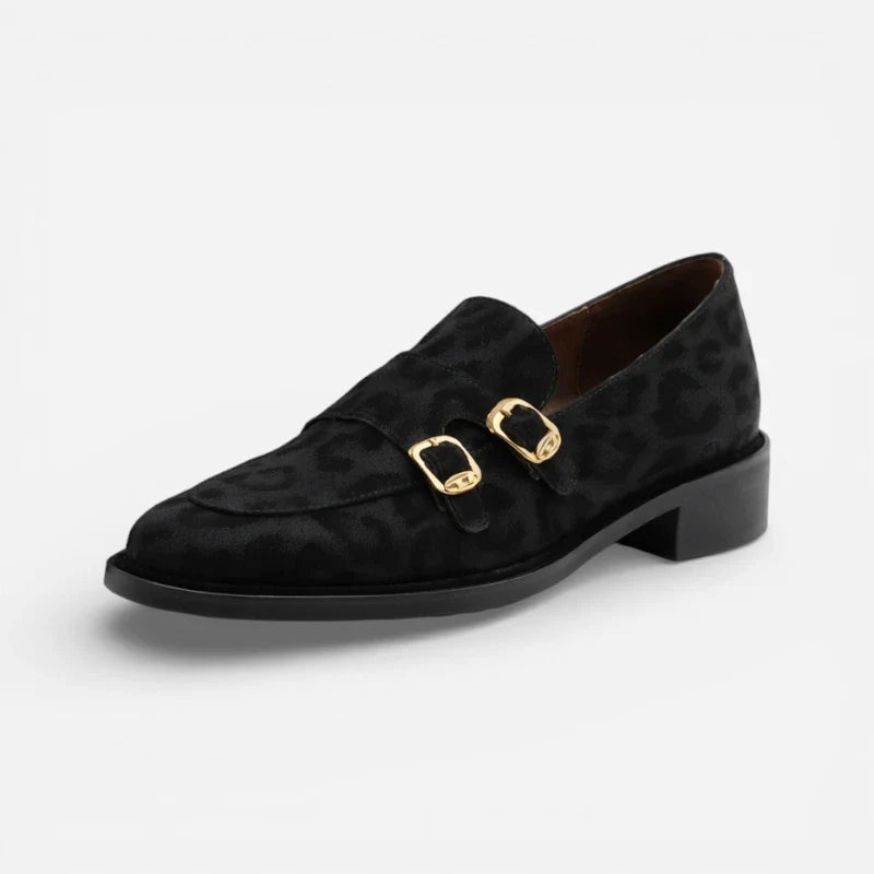 Mocassin En Cuir Noir Design Léopard Femme