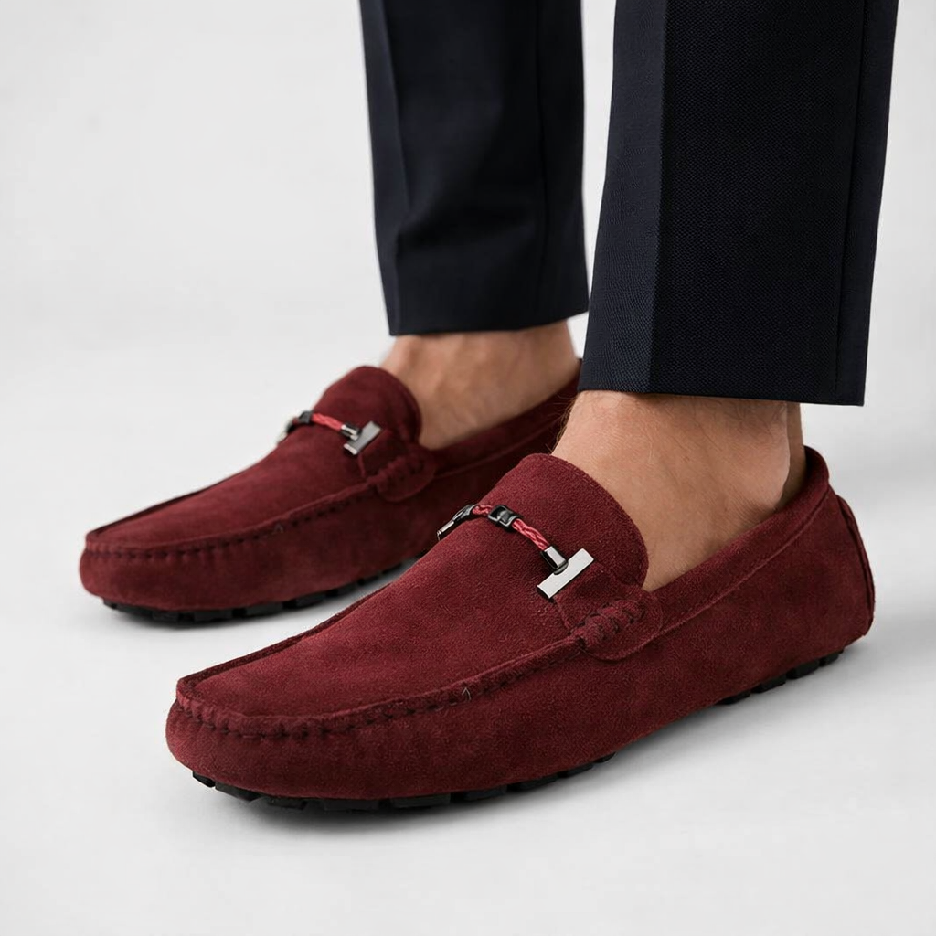 Mocassin En Daim Bordeaux Avec Chaine Pour Homme