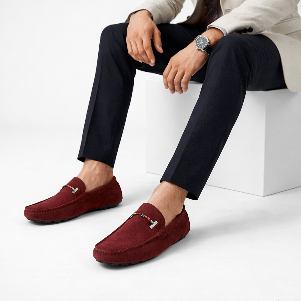 Mocassin En Daim Bordeaux Avec Chaine Pour Homme