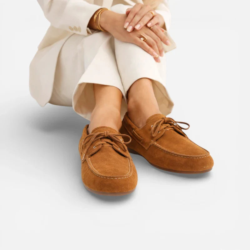 Mocassin En Véritable Peau De Vache Effet Daim Camel à Lacet Pour Femme