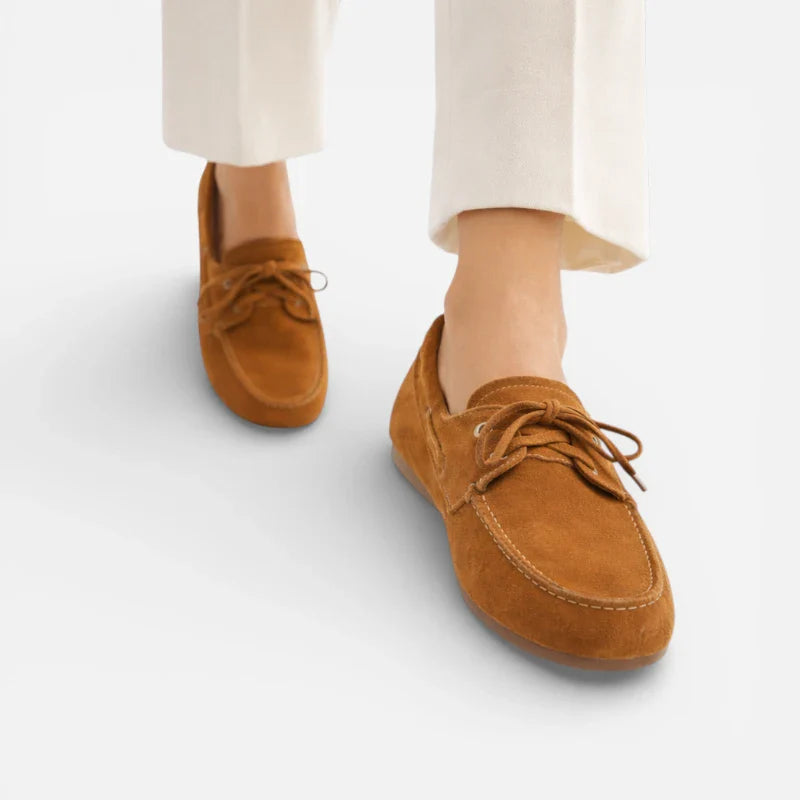 Mocassin En Véritable Peau De Vache Effet Daim Camel à Lacet Pour Femme