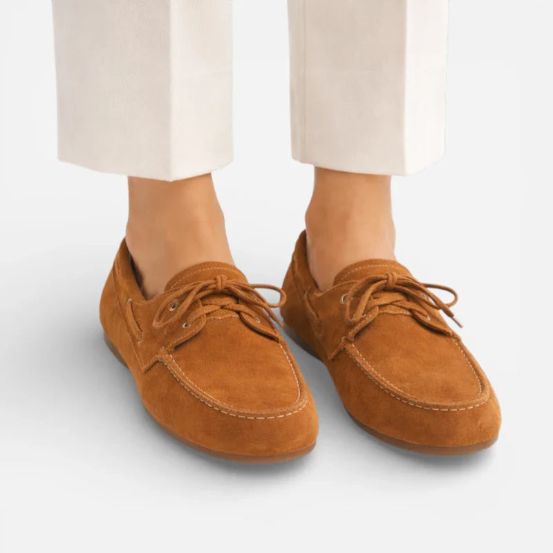 Mocassin En Véritable Peau De Vache Effet Daim Camel à Lacet Pour Femme
