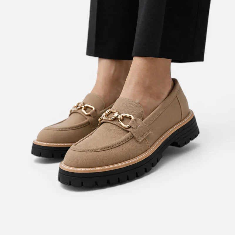 Mocassin Compensé Daim Camel Chainette Femme