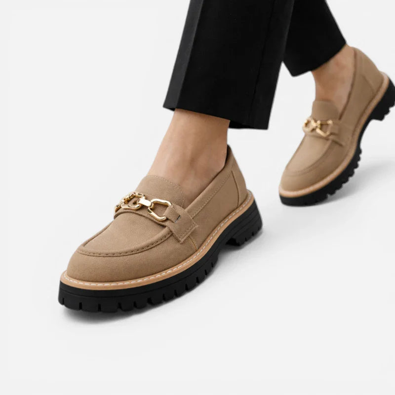 Mocassin Compensé Daim Camel Chainette Femme