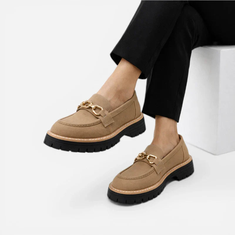 Mocassin Compensé Daim Camel Chainette Femme