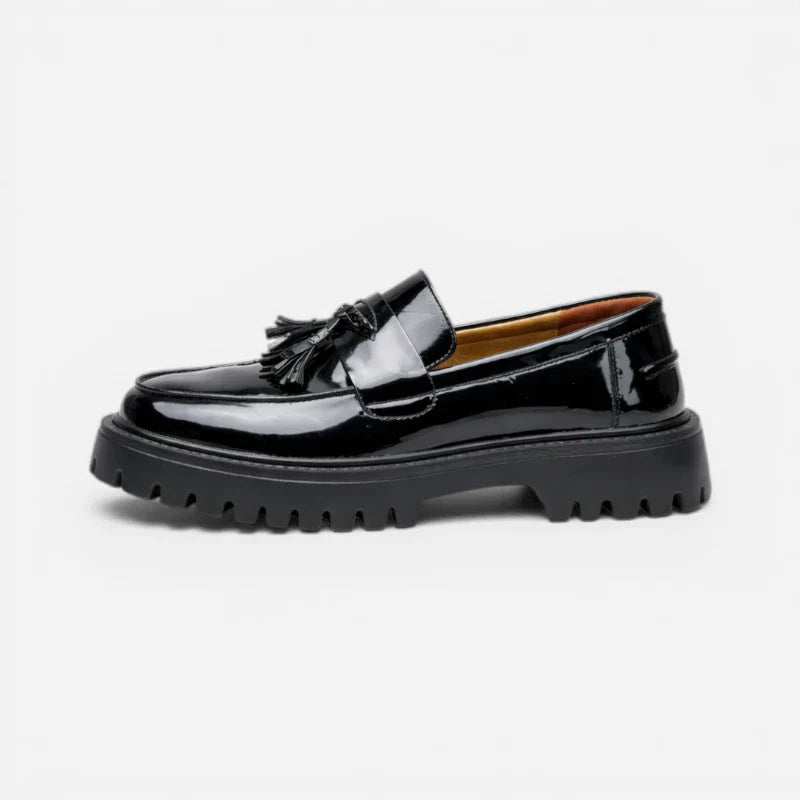 Mocassin Compensé En Cuir Vernis Noir à Gland Pour Homme