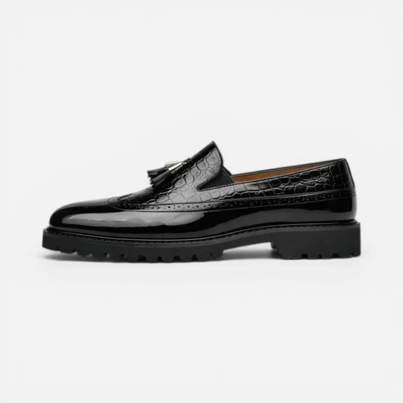 Mocassin En Cuir Noir Vernis à Motifs Compensé Pour Homme
