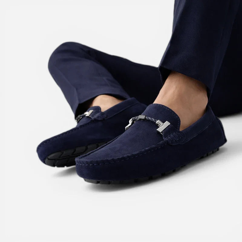 Mocassin En Daim Bleu Marine Avec Chaine Pour Homme
