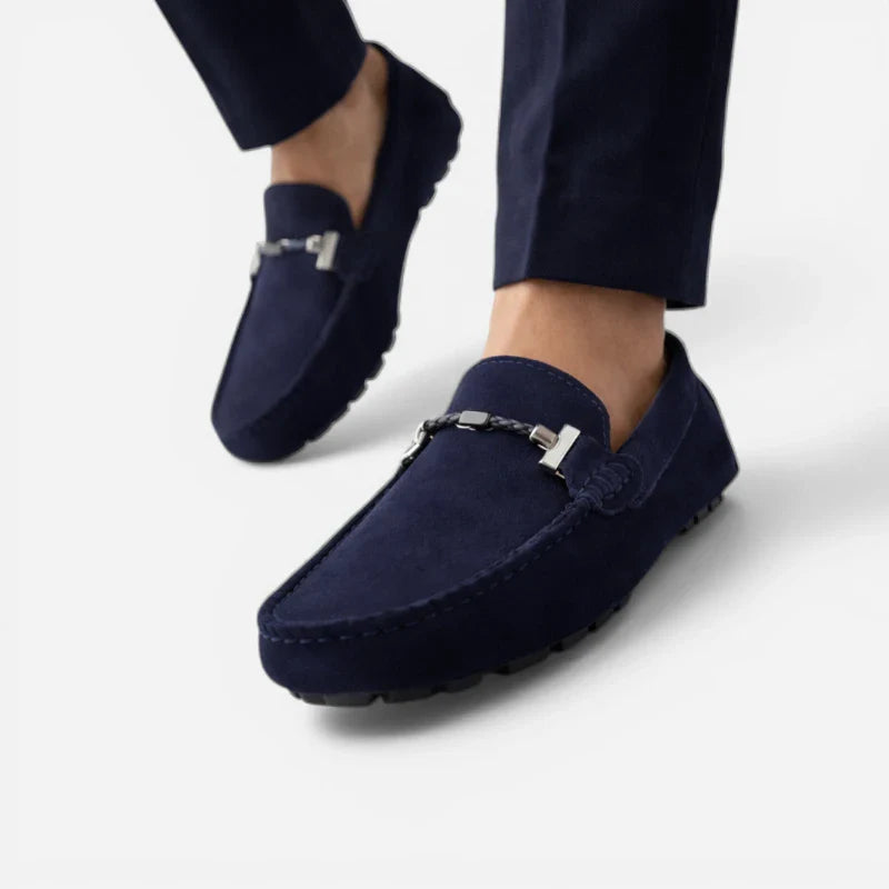 Mocassin En Daim Bleu Marine Avec Chaine Pour Homme