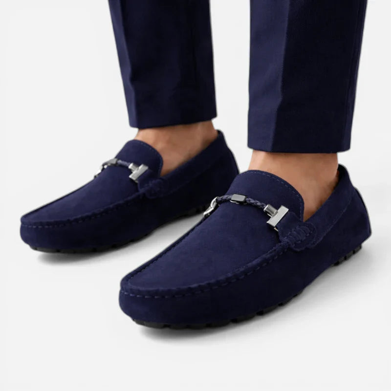 Mocassin En Daim Bleu Marine Avec Chaine Pour Homme
