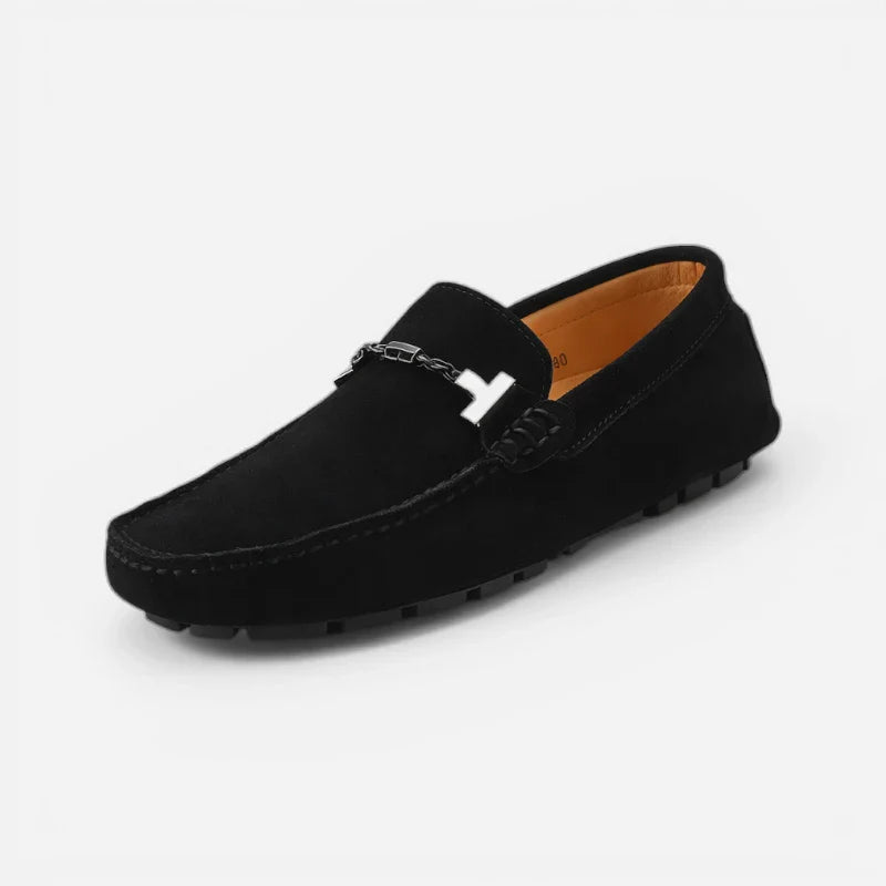 Mocassin En Daim Noir Avec Chaine Pour Homme