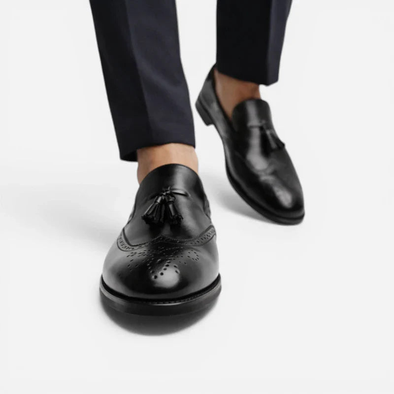 Mocassin En Cuir Vernis à Gland Noir Talon Homme