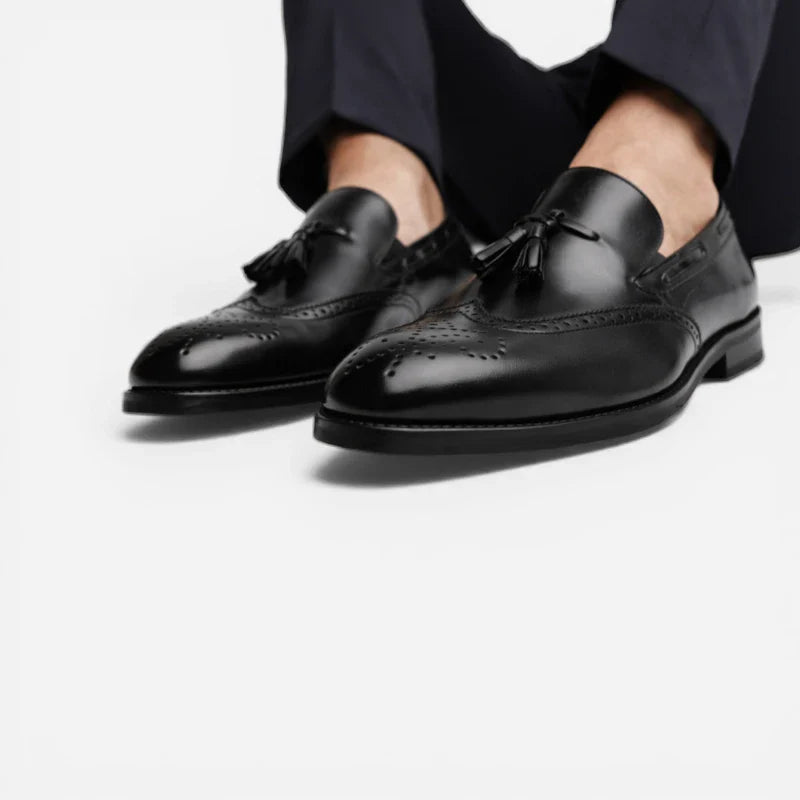 Mocassin En Cuir Vernis à Gland Noir Talon Homme
