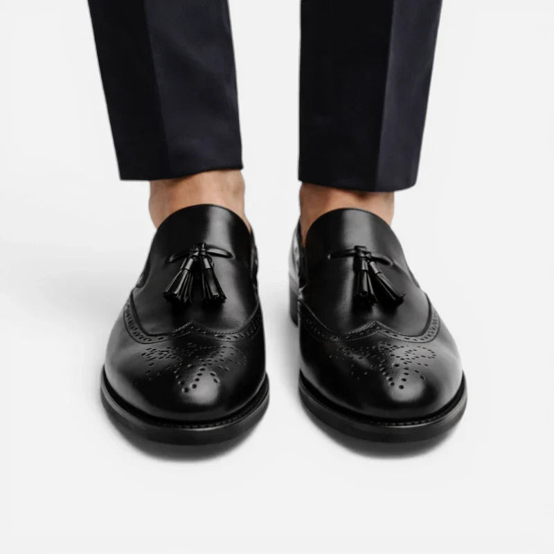 Mocassin En Cuir Vernis à Gland Noir Talon Homme