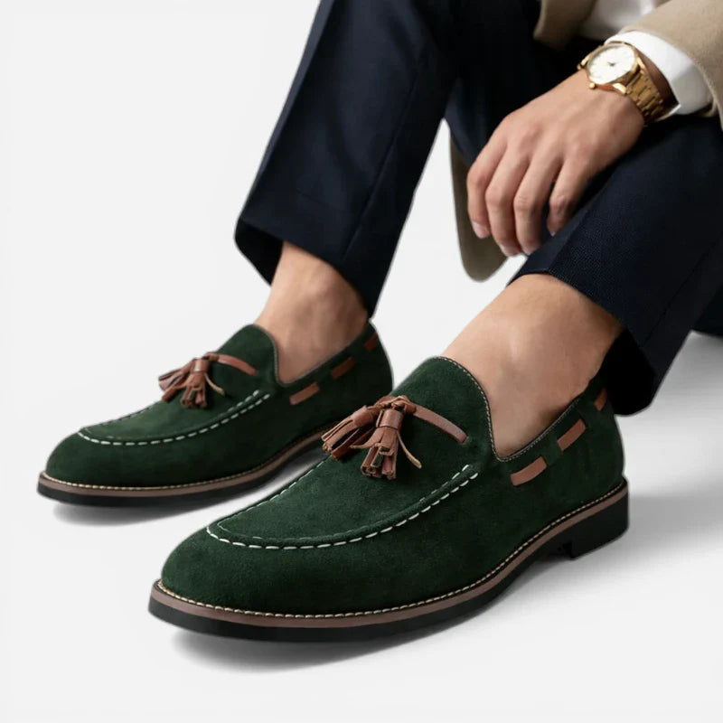 Mocassin Daim Vert à Glands Marron Homme