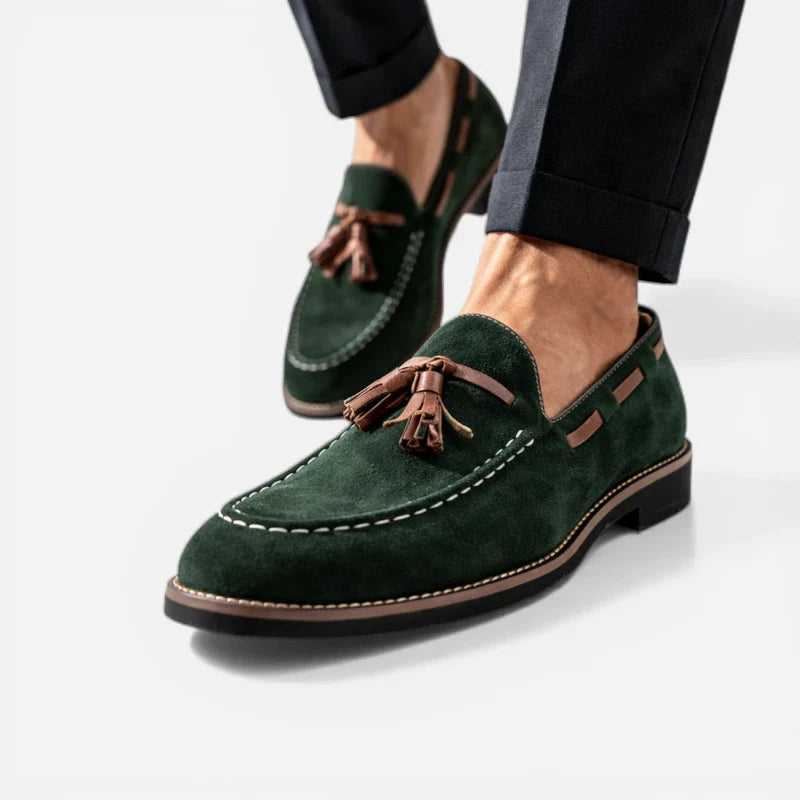 Mocassin Daim Vert à Glands Marron Homme