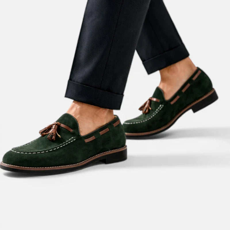 Mocassin Daim Vert à Glands Marron Homme