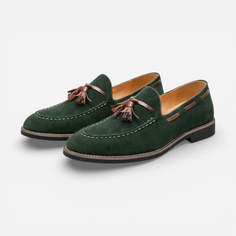 Mocassin Daim Vert à Glands Marron Homme