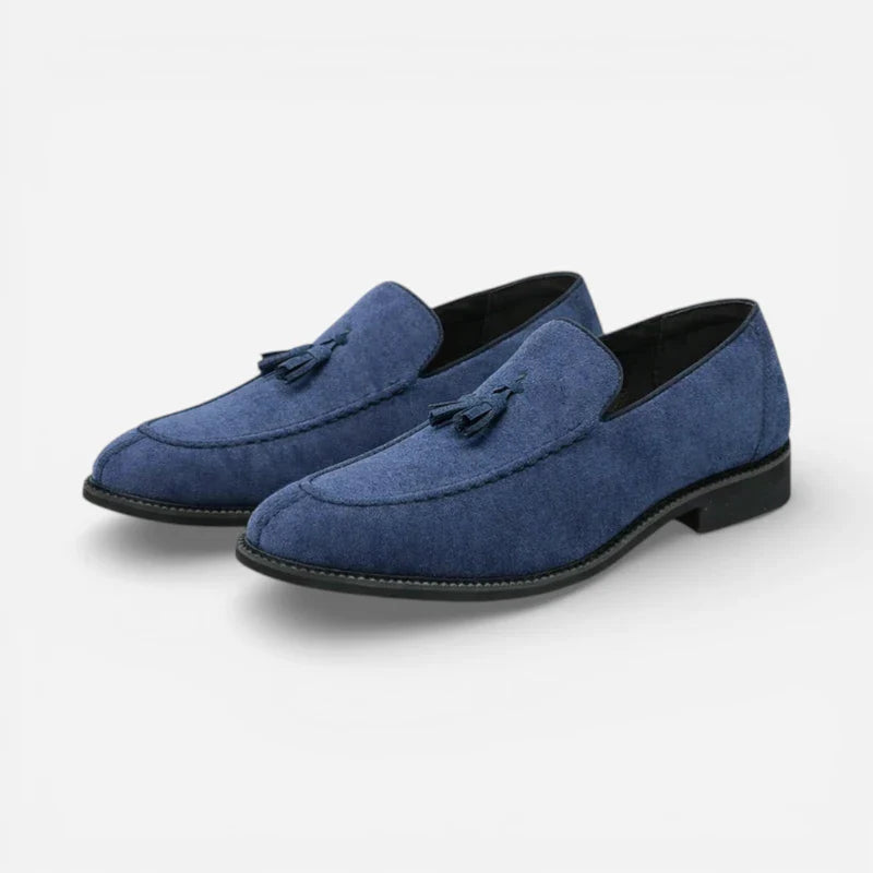 Mocassin En Daim Bleu Marine à Glands Bout Pointu Homme