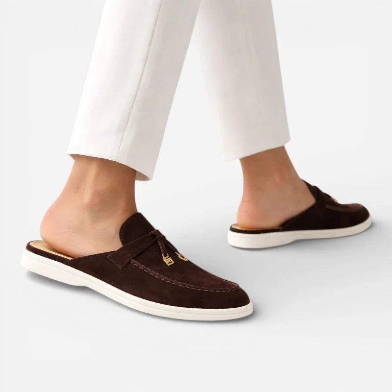 Mocassin Ouvert En Daim Très Foncé Pour Femme