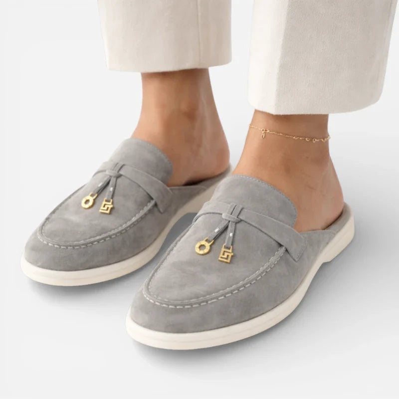 Mocassin Ouvert En Daim Gris Foncé Pour Femme