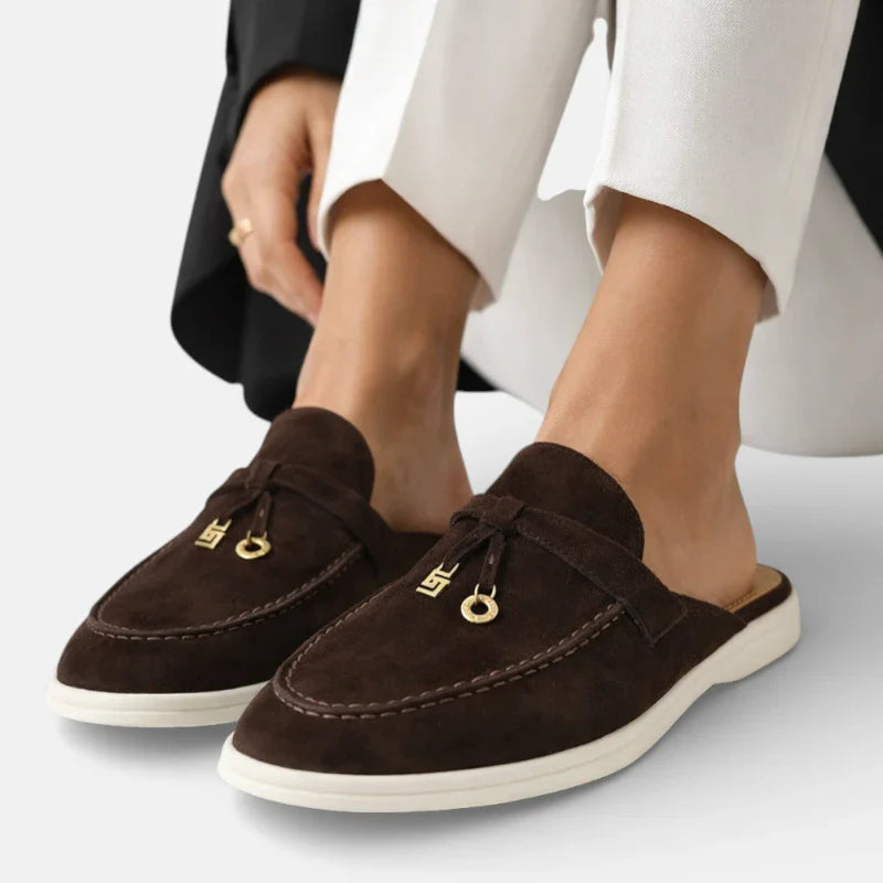 Mocassin Ouvert En Daim Très Foncé Pour Femme