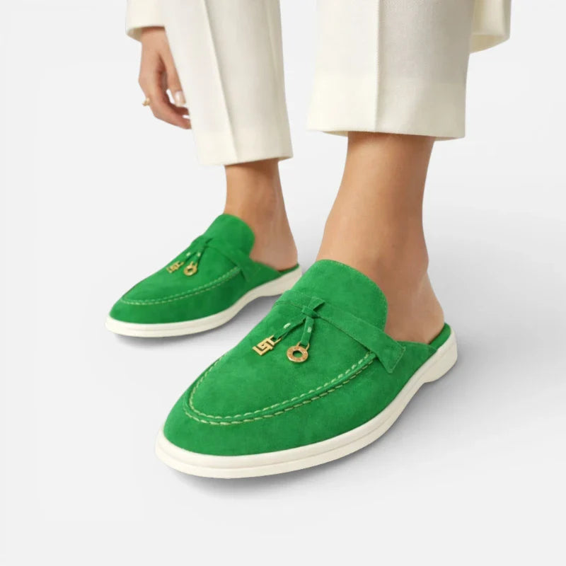 Mocassin Ouvert En Daim Vert à Gland Pour Femme