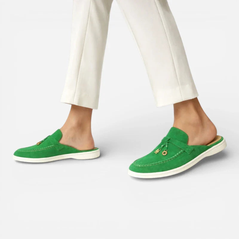 Mocassin Ouvert En Daim Vert à Gland Pour Femme