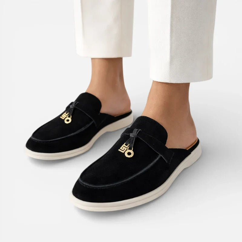 Mocassin Ouvert En Daim Noir