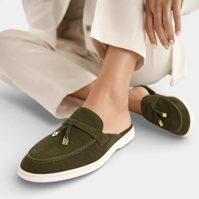 Mocassin Ouvert En Daim Kaki Femme