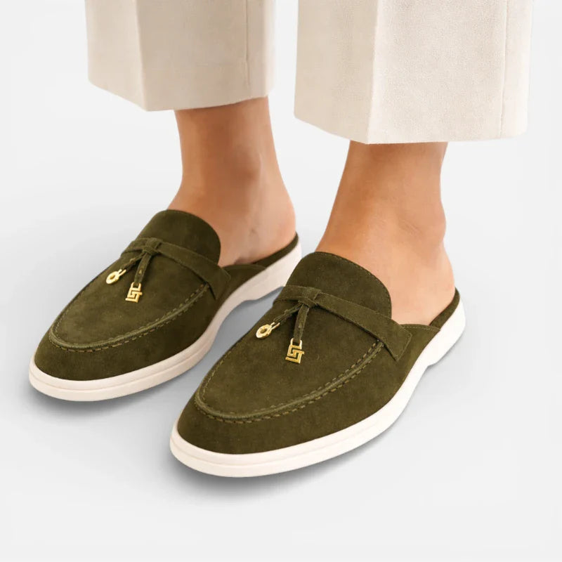 Mocassin Ouvert En Daim Kaki Femme