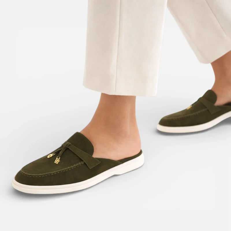 Mocassin Ouvert En Daim Kaki Femme