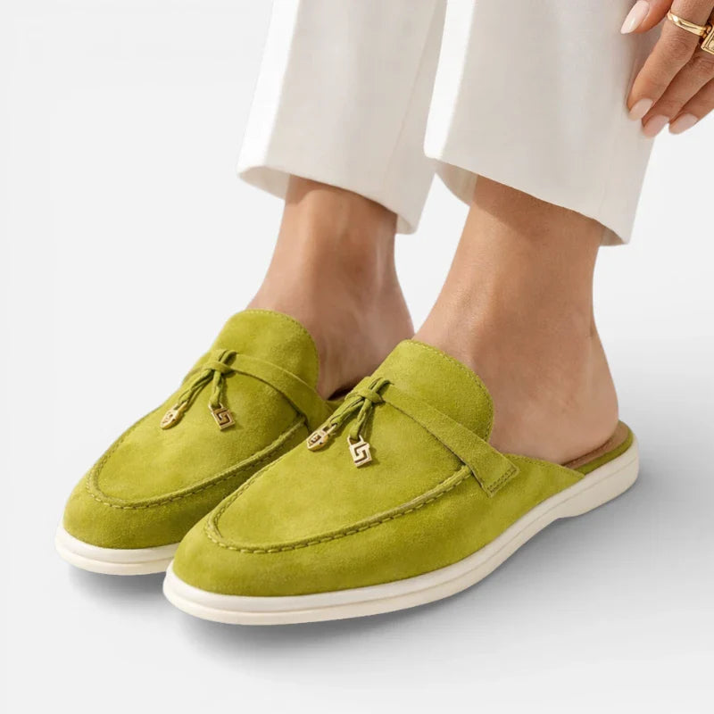Mocassin Ouvert En Daim Vert Olive Femme
