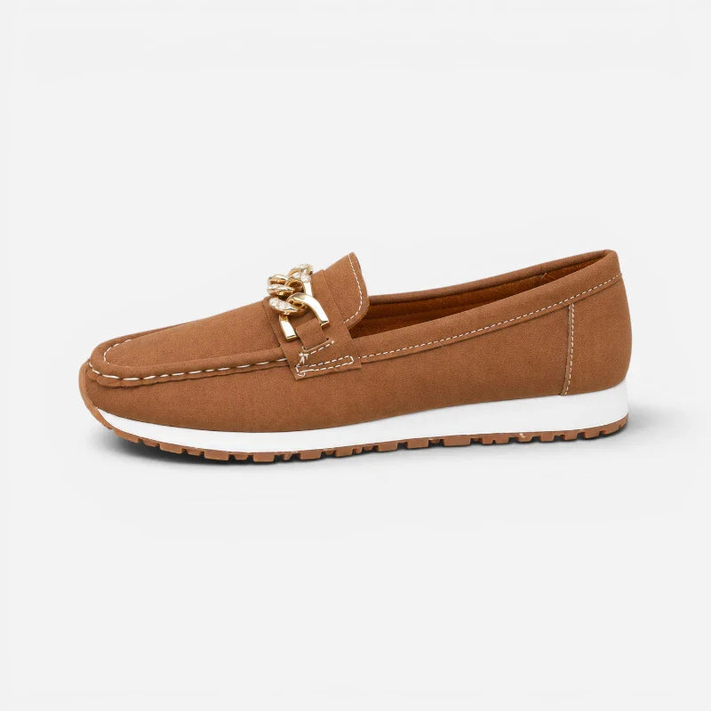 Mocassin Marron Compensé À Chaine Dorée