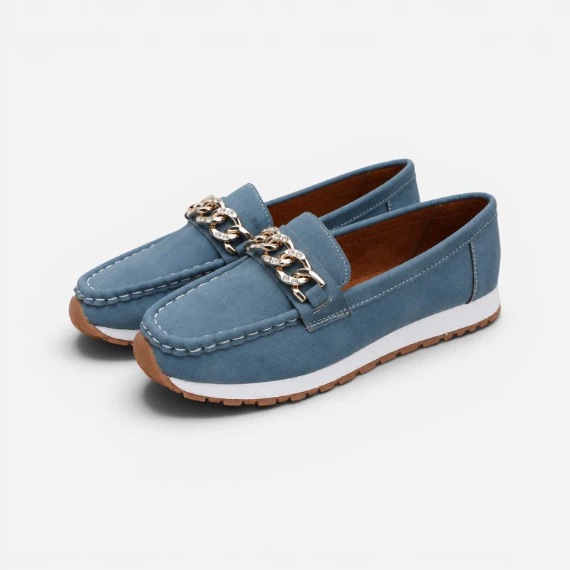 Mocassin Bleu Semelle Compensée À Chaine Dorée