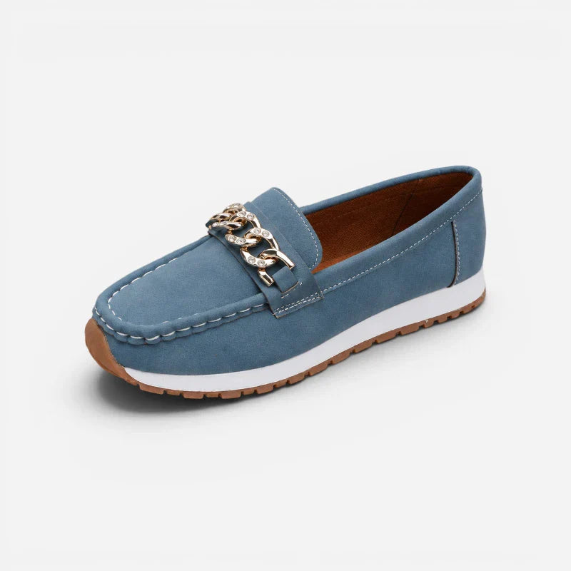 Mocassin Bleu Semelle Compensée À Chaine Dorée