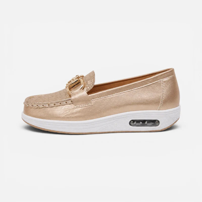 Mocassin Compensé Confort Respirant Mors Et Cuir Doré Femme