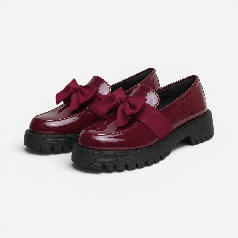 Mocassin Compensé Femme Bordeaux Vernis Avec Noeud Papillon