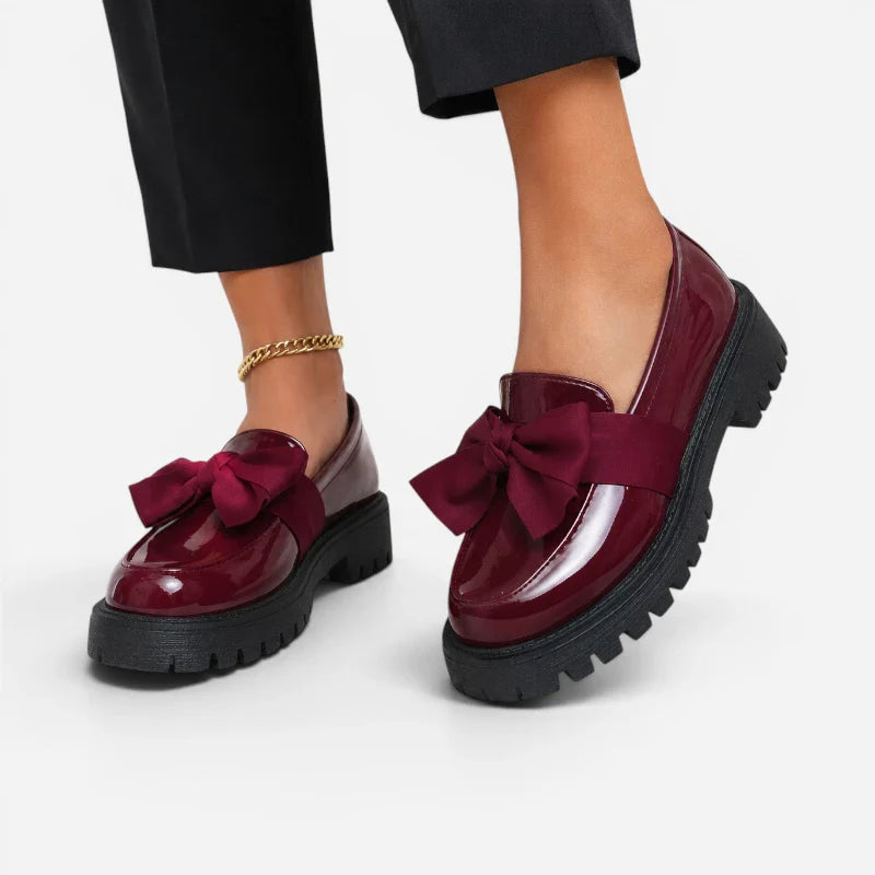 Mocassin Compensé Femme Bordeaux Vernis Avec Noeud Papillon