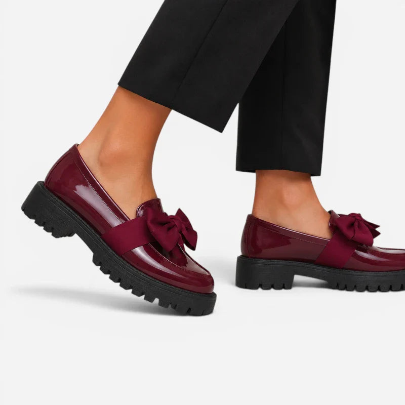 Mocassin Compensé Femme Bordeaux Vernis Avec Noeud Papillon